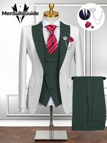 Men's Suits Slim Fit 6 Piece Suits For Men Double Breasted Suit With Tie Brooch Pocket Square Wedding Suits Jacket Vest Pants Tuxedo Suit Set(Suits+Pants+Vest+Tie+Brooch+Pocket Square)For Business Dinner Wedding Party, Suitable For Formal Occasions, Perfect Gift For Business Professionals Spring/Summer/Fall, Formal Attire|Sleek Formal Attire|Nonstretch Fabric - 墨綠色 - 查看 14