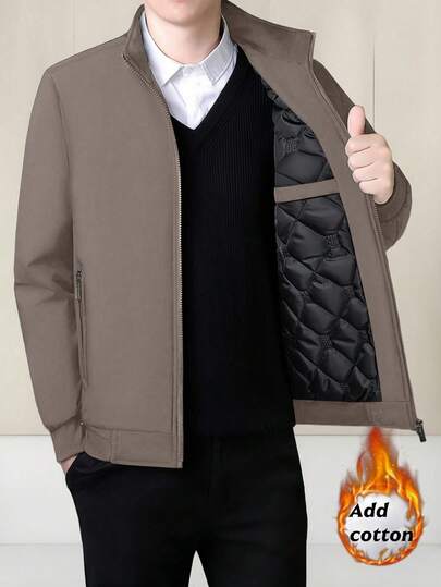 1 件男士休闲立领棉衣夹克，时尚百搭舒适秋冬外套
