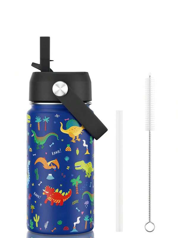 Garrafa térmica de 12 oz, copo de viagem de vidro duplo à prova de vazamentos, garrafa de água de metal com canudo, adequada para estudantes