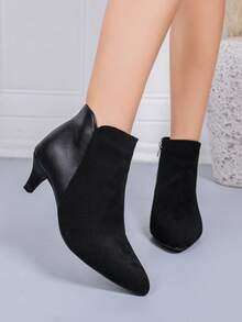 女士时尚靴子，新款简约优雅百搭尖头舒适低跟踝靴，侧拉链，PU 皮革和绒面革拼接，适合节日派对、秋季，小猫高跟鞋 - 黑色拼接 - 查看 5