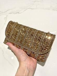 1pc Gold Glitter Luxury Rhinestone Decor Small Clutch Bag, Elegant Wedding Envelope Flap Square Wallet With Metal Chain Strap, Fashion Handbag For Formal Occasions, Party, Wedding, Suitable For Ladies - Gold - View 2