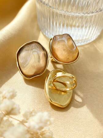 1 pieza Anillo abierto ajustable de declaración con resina de ámbar asimétrica chapada en oro estilo bohemio, piedra natural minimalista de lujo de acero inoxidable chapado en oro para uso diario, joyería de moda para mujer, regalo