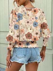 Women's Casual Vacation Style Floral Print Lantern Sleeve Shirred Wide Hem Top, Spring/Autumn