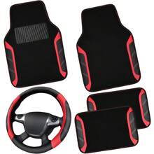 NBTEPEM Leather Steering Wheel Cover And Waterproof Car Floor Mats,Microfiber Universal Car Combo Fit For 95% Sedan,SUV,Cars,14.5-15inch Sporty Anti-Slip Safety Comfortable Design - Black and Pink - 查看 1