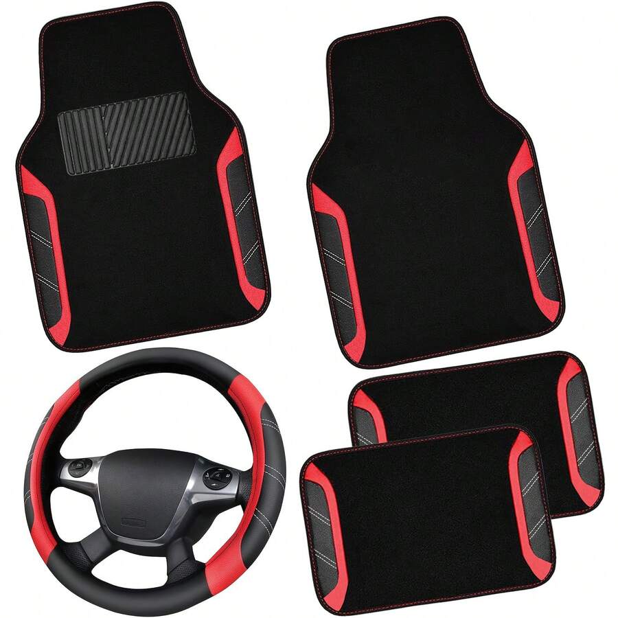 NBTEPEM Leather Steering Wheel Cover And Waterproof Car Floor Mats,Microfiber Universal Car Combo Fit For 95% Sedan,SUV,Cars,14.5-15inch Sporty Anti-Slip Safety Comfortable Design - Black and Pink - 查看 1