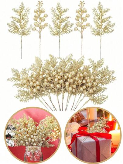 7/14 peças de decoração de Natal, galho dourado de frutas vermelhas de Natal, galhos brilhantes de pinheiro de Natal, enfeites artificiais para árvores de Natal, guirlanda de Natal faça você mesmo, artesanato, decoração para casa e feriados, decoração dourada de Natal para quarto
