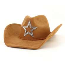 Western Style Wide Brimmed Hat Stylish Diamond Pentagram Decorative Suede Cowgirl Cap For Men Women Outdoor Wear - Khaki - View 6