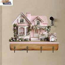 Key Holder For Wall Wooden 2D Flat Pink Village House Key Hooks Hanging Wall Decor For Entryway Living Room Home - 彩色 - 查看 1