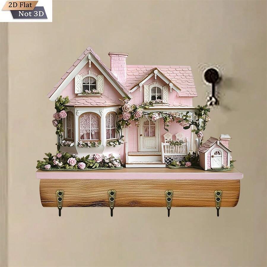 Key Holder For Wall Wooden 2D Flat Pink Village House Key Hooks Hanging Wall Decor For Entryway Living Room Home - 彩色 - 查看 1
