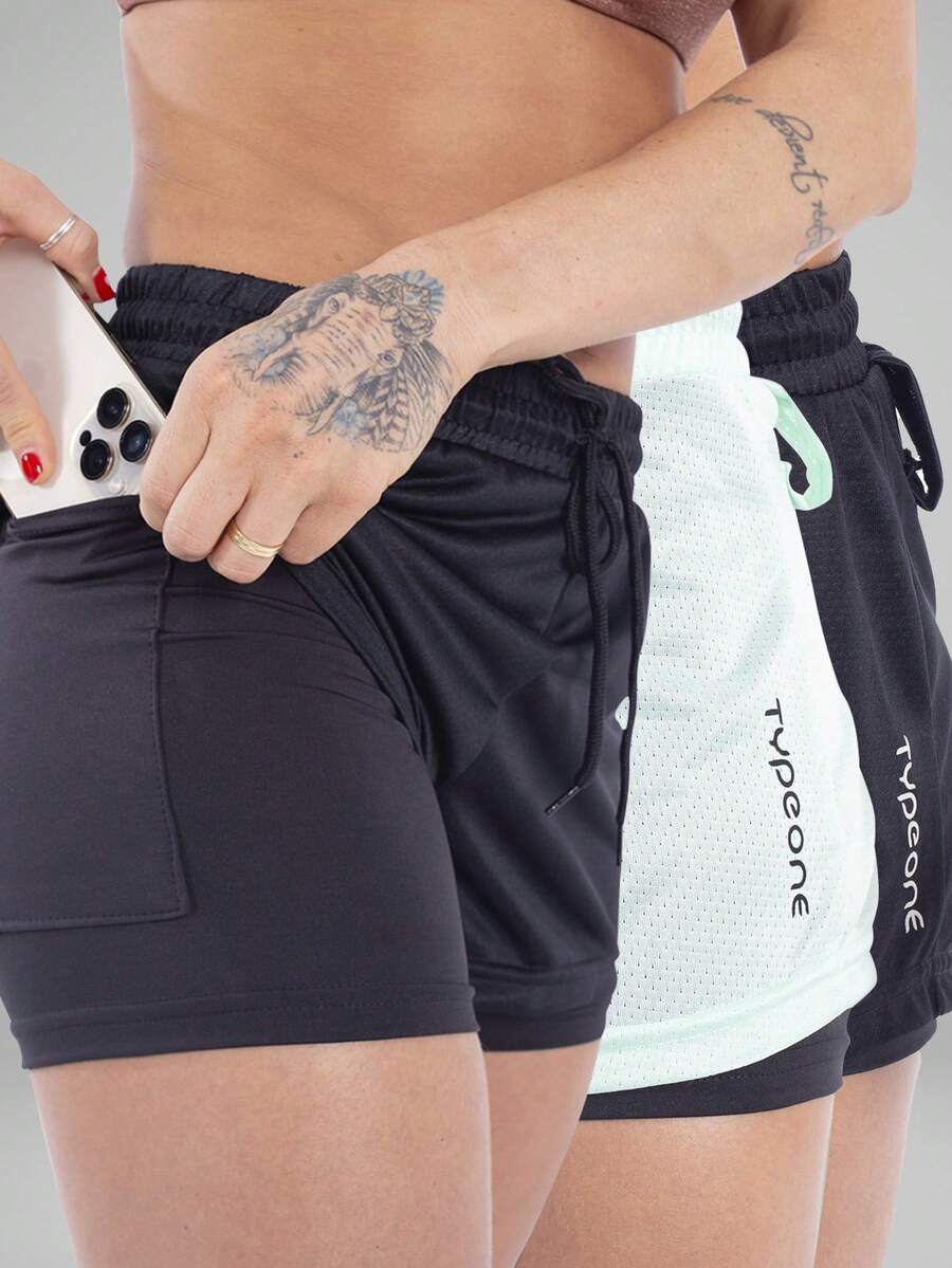 3-Pack 2-In-1 Women's Gym Shorts, Double Fitness Shorts With Hidden Cell Phone Pocket, Compression Butt Lifting Gym Fit Cross Fit - 黑色/綠色/黑色 - 查看 1