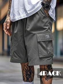4-Pack Men's Summer Cargo Shorts - Non-Stretch Fabric, Geometric Pattern, Regular Fit And Multi-Pocket Design, Suitable For Outdoor Sports, Street Style, Travel And Leisure Travel, Durable Material, A Must-Have Street Wear In Summer - 卡其+灰+藍+黑 - 查看 3