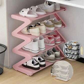 Z-Shaped Shoe Rack - Suitable For Storing Children's And Babies' Shoes, A Space-Saving Foldable Shoe Cabinet, Easy To Assemble, A Multi-Functional Floor-Standing Storage Rack. It Is Applicable To Homes, Dormitories, And Foyers, Featuring A Compact Design And A Sturdy Structure. It Is A Must-Have For Dormitories And A Practical Storage Rack.
