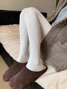 1双女士保暖过膝长袜，休闲百搭白色连裤袜，日系JK菱形网眼加厚长袜，适合秋冬季节，舒适保暖 - 白色 - 查看 4