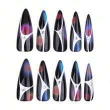 Stiletto Press On Nails Long Fake Nails Black Glue On Nail Sliver Ombre Acrylic Nails Rhinestone Bling False Nails 24Pcs Goth Y2k Manicure Stick On Nails Almond Glossy Artificial Nails - 多色13 - 查看 3