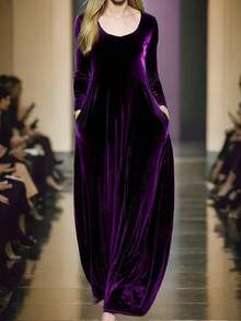 Vestido de terciopelo de manga larga y elegante de talla grande, falda acampanada, estilo coreano elegante, adecuado para otoño/invierno y primavera - Morado - Ver 1