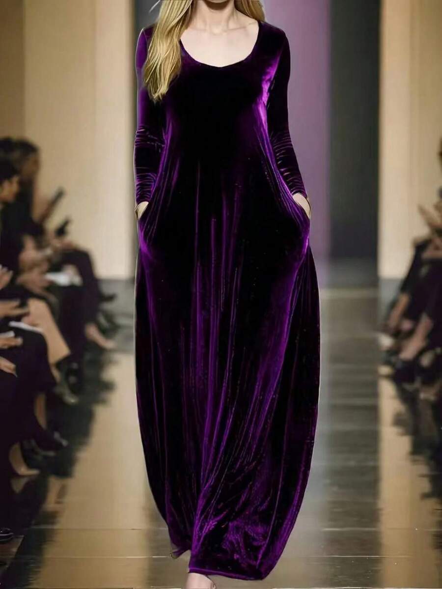 Vestido de terciopelo de manga larga y elegante de talla grande, falda acampanada, estilo coreano elegante, adecuado para otoño/invierno y primavera - Morado - Ver 1