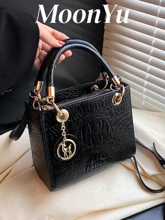 Stor damväska, lyxig modeväska för kvinnor, krokodilpräglad textur, svart färg, justerbar axelrem, elegant väska för kvinnor, lyx, bästa mors dag-presenter för kvinnor, affärsväska för kvinnor, perfekt för kontor, affärer och arbete