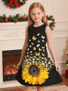 Girls' Casual Elegant 3D Sunflower & Butterfly Print Sleeveless Cute Dress, Suitable For Everyday, Vacation, Party, Graduation, Back To School, Christmas