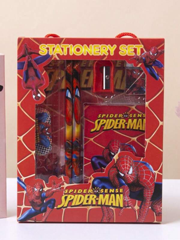 Juego de papelería escolar con diseños de Spider Man, Elsa, Princesa Stitch, Cars, Mickey, que incluye: 2 lápices, 1 regla de 15 cm, 1 sacapuntas, 1 borrador, 1 libreta. Adecuado para niños y niñas, juegos de rompecabezas y anime. También apto como regalo de Navidad y cumpleaños.