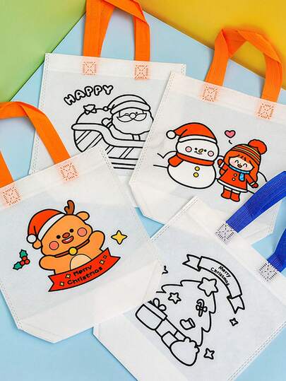 4 Christmas-Themed DIY Crafts – Blank Tote Bags, Soft And Easy-To-Release DIY Crafts, Perfect For Christmas Celebrations, With Snowman, Christmas Tree, Santa Claus, And Elk Designs – Perfect For Holiday Gift Decorations.
