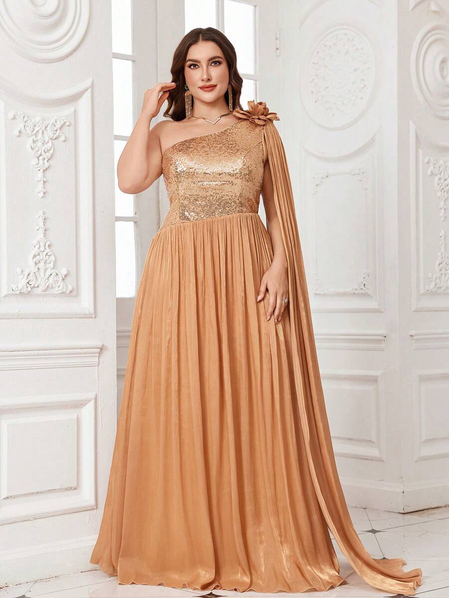 UNITHORSE Plus 女款单肩超长袖亮片拼接仿莱赛尔手工立体花朵点缀修身长款晚礼服 - 銅色 - 查看 1