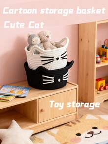 1 pieza Cesta de almacenamiento de escritorio de cuerda de algodón con diseño de gato de dibujos animados, cesta de almacenamiento de juguetes y decoración del hogar estilo Ins, cesta de almacenamiento de cosméticos para dormitorio, adecuada para almacenamiento de regalos para niños, almacenamiento de juguetes y snacks para mascotas, adecuada para decoración de regalos navideños