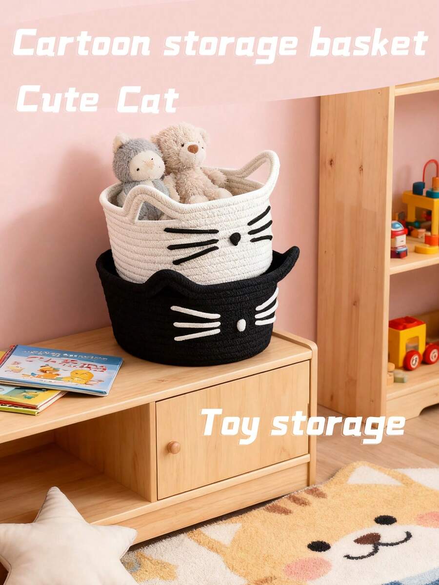 1 pieza Cesta de almacenamiento de escritorio de cuerda de algodón con diseño de gato de dibujos animados, cesta de almacenamiento de juguetes y decoración del hogar estilo Ins, cesta de almacenamiento de cosméticos para dormitorio, adecuada para almacenamiento de regalos para niños, almacenamiento de juguetes y snacks para mascotas, adecuada para decoración de regalos navideños
