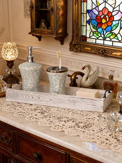 Bandeja de madera rústica con asas, organizador de almacenamiento rectangular de 16.14 pulgadas, acabado lacado, patrón geométrico, tema artístico, versátil para sala de estar, dormitorio, balcón, estudio, decoración del baño, adecuado para Navidad, Pascua, Día de San Valentín, Ramadán, Graduación - No se necesita electricidad ni batería