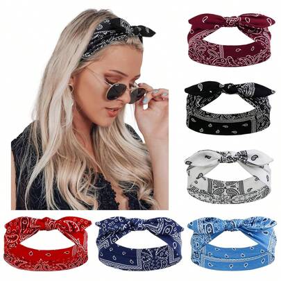 6pcs Bowknot Headbands For Women & Girls, Bohemian Style Paisley Print Headwraps, Non-Slip Cute Twisted Headbands, Polyester Fiber Warm Hair Bands Women Bandanas Winter Hair Accessories