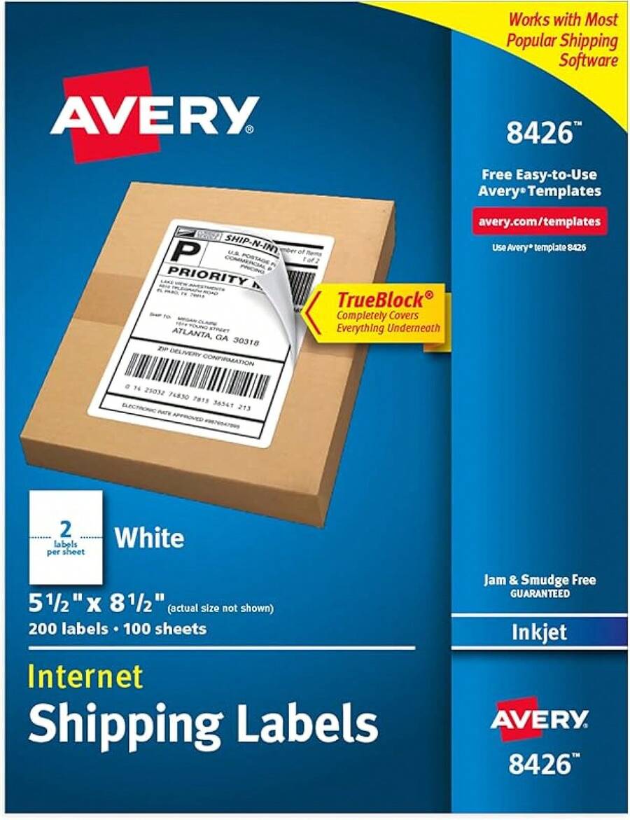 Half-Sheet Printable Shipping Labels, 5.5" X 8.5" Customizable Stickers, White, 50 Blank Mailing Labels, Great For Mailing, Shipping, Organizing, And More (8126) - 200 nhãn - Xem 1