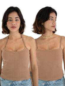 2-Piece Set: Square Neck Tank Top And Ribbed Halter Top In Cotton - Mocha Mousse - View 1