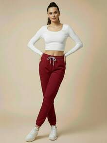 Women's Plush Jogger Sweatpants With Drawstring And Pocket | Winter Pants, Cold Weather Clothing, Comfortable, Warm, Casual, Thermal - 紫紅色 - 查看 9