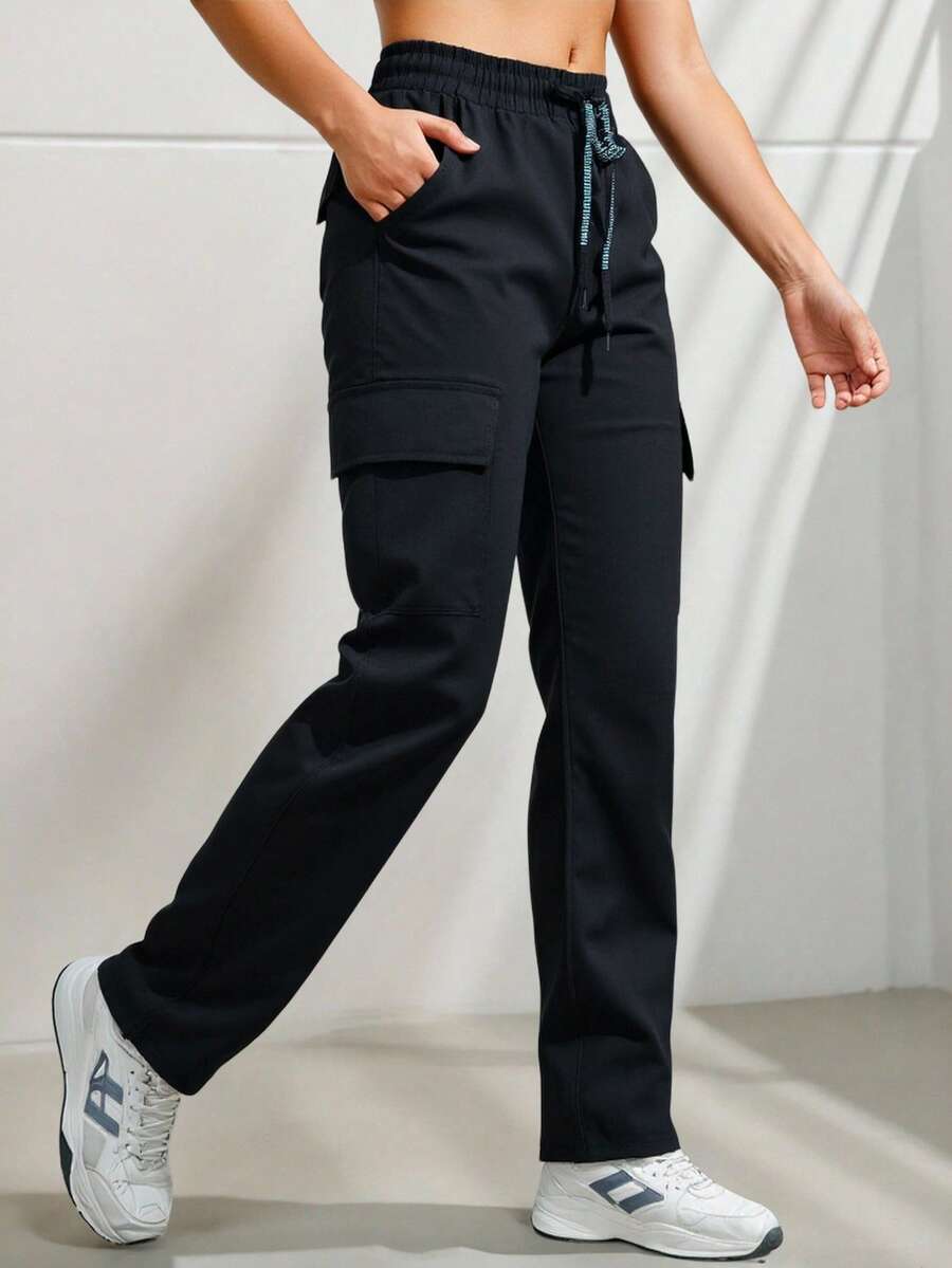 LA PRINCESA Pantalones cargo de paracaídas para muje , elásticos, cintura alta, con cordón, Y2K, casual, sueltos, estéticos, para la calle bolsillos laterales pantalones casuales con cordón Pantalones Cargo de Mujer Versátiles para Citas - Negro - Ver 1