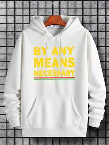 Men's White Hooded Sweatshirt With BY ANY MEANS NECESSARY Graphic Print - Bold Yellow & Green Lettering, Heavyweight 450gsm Fabric, Regular Fit Pullover With Front Pocket Autumn/Winter Casual Streetwear & Everyday Outfits