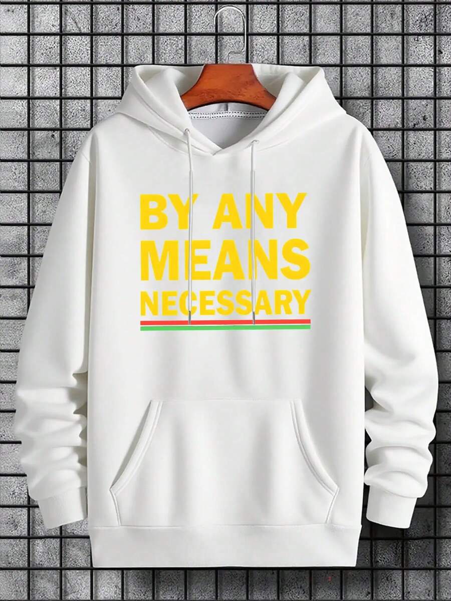 Men's White Hooded Sweatshirt With BY ANY MEANS NECESSARY Graphic Print - Bold Yellow & Green Lettering, Heavyweight 450gsm Fabric, Regular Fit Pullover With Front Pocket Autumn/Winter Casual Streetwear & Everyday Outfits