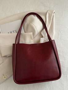 Vintage Burgundy Women's Fashion Casual Matching PU Solid Color Stitched Large Capacity Tote Bag, School Bag, Large Capacity, Portable, Classic Casual, Business Casual, Suitable For Teenage Girls, College Students, White-Collar Workers, Very Suitable For Work, Back To School, Middle School, High School, University, Holidays