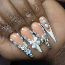 Stiletto Press On Nails Long Fake Nails White French Tip Glue On Nails Rhinestone Flower Charm Design Luxury Acrylic Nails Bow False Nails 24Pcs Bling Manicure Coquette Almond Stick On Nails - 多色1 - 查看 2