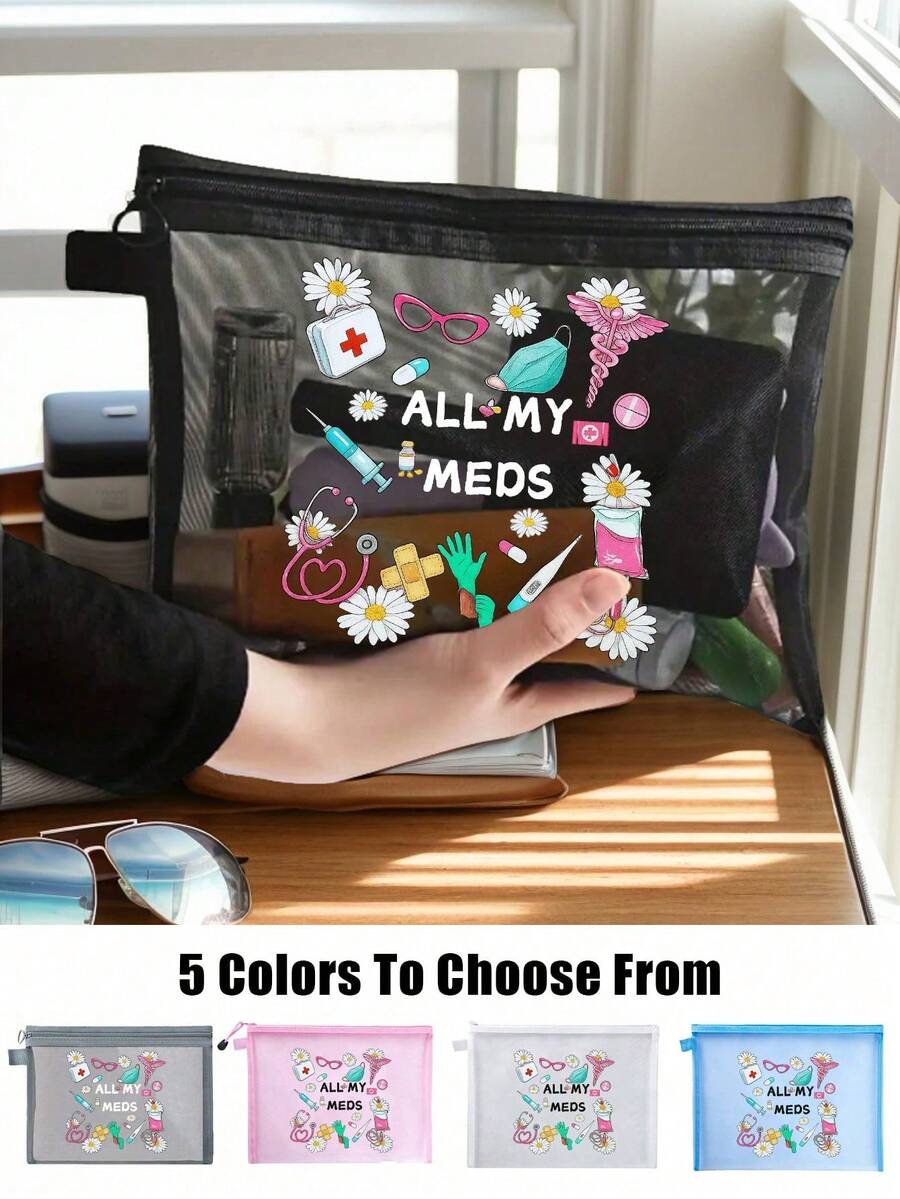 Mesh Cosmetic Bag With "All My Meds" Mesh Medicine Bag, Red Air Cushion Storage Portable Storage Bag, Makeup Bag, Skincare Bag, Travel Essentials, Dormitory Supplies, Wedding Bride Gifts, Mother's Day Gift, Birthday Gifts,Transparent Organizer For Pills & Medical Supplies, Stylish Travel Medication Pouch, Must - Have For Health Medicine Organizer Medicine Storage Bag For Travel For Outdoor First Aid Bag