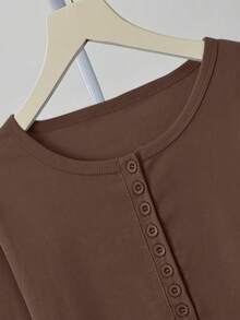 性感V领长袖修身短款上衣 - 咖色 - 查看 9