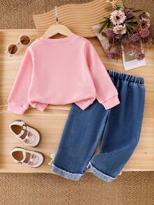2pcs Baby Girl Casual Set, Includes Round Neck Long Sleeve Top With 3D Bow Decor And Elastic Waist Jeans With 3D Bow Trim Cuffs, Suitable For Spring And Autumn - Pink - View 2