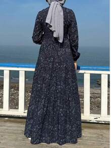 Women's Long Sleeve Woven Fabric Pullover Robe, Small Round Neck, Floral Print, Pockets With Belt, Back Zipper, Comfortable Full Length Jalabiya Dress, Flared Skirt - Navy Blue - View 3