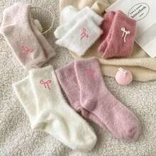 5 Pairs Of Women's Plush Bow Mid-Calf Socks Winter Fleece-Lined Thick Warm Sleep Socks Pink Set