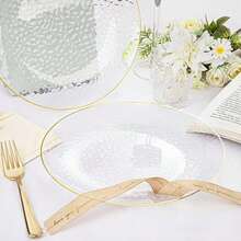 50/25/10/2 طبق شفاف مطرق بحافة ذهبية، أطباق سلطة، أطباق كيك/حلوى، أطباق فاكهة، صواني تقديم الطعام، مثالية للأعياد والحفلات وأعياد الميلاد والأعراس وعيد الشكر والكريسماس والعام الجديد