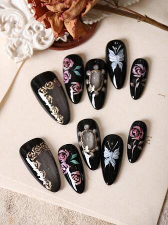 10pcs Press On Nails Fake Nails Almond Press On Nails Black Cat's Eye Hand Drawn Flowers Pink Golden Butterfly Office DailyWear False Nails Artificial Nails Kit Includes 1sheet Adhesive Tabs &1 Pc Mini File