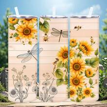 1pc 20oz/40oz Sunflower And Dragonfly Pattern Tumbler With Lid And Straw, Insulated Travel Mug For Fall, Gift For Women Men, Ideal For Halloween, Memorial, Christmas, Birthday Gift, Iced/Hot Coffee Cup - 20ZT - 查看 5