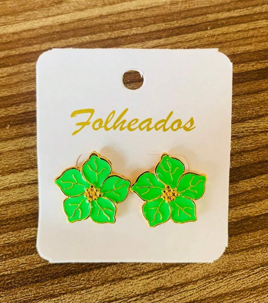 Enameled 5-Petal Flower Earring - 霓虹綠 - 查看 1