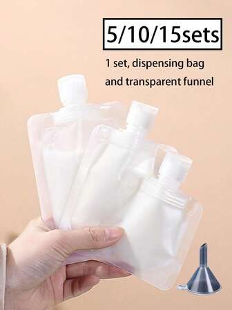 5/10/15sets Travel Refillable Flat Pouch ,Shampoo Liquid Lotion Dispenser Bag, Cosmetic Refillable Flat Pouch Travel Bottles Set 1.01oz/1.69oz/3.38oz,Comes With Transparent Funnel,Transparent, Portable Travel Packaging Bags, Lotion Cosmetics Storage Bags, Milk, Drinks, Spout Bags, Large-Diameter Sealed Bags,Hotel, Business Trip, Travel, 1 Set, Refill Bag And Transparent Funnel