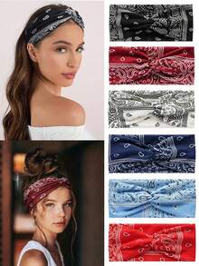 Set de 6 diademas deportivas elásticas de moda con estampado de paisley y diseño de nudo cruzado bohemio, banda para el cabello para el gimnasio, turbante, diadema para sudar, accesorios para el cabello de otoño e invierno para mujer para looks de vacaciones, pañuelo elegante para mujer