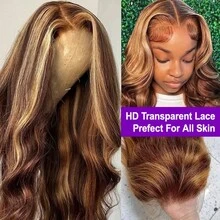 200% 密度 #P4/27 高光波浪卷发 13x4 高清蕾丝前假发 混合发质 8-34 英寸 深棕色波浪卷发蕾丝前假发 人发混合发质 预拔自然发际线 带婴儿发 棕色短鲍勃波浪卷发蕾丝前假发 - SP4/27 - 查看 4