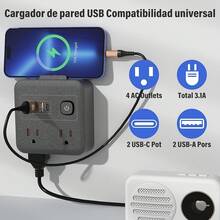 GALASALA Regleta Multicontacto Extension Electrica con Protector Supresor de Picos Voltaje, 1.8 M, Enchufe Plano, 6 Salidas, 3 USB (2 USB-C) Conector Multiple Sleek Socket para Hogar Oficina - Negro U86-1 - Ver 12